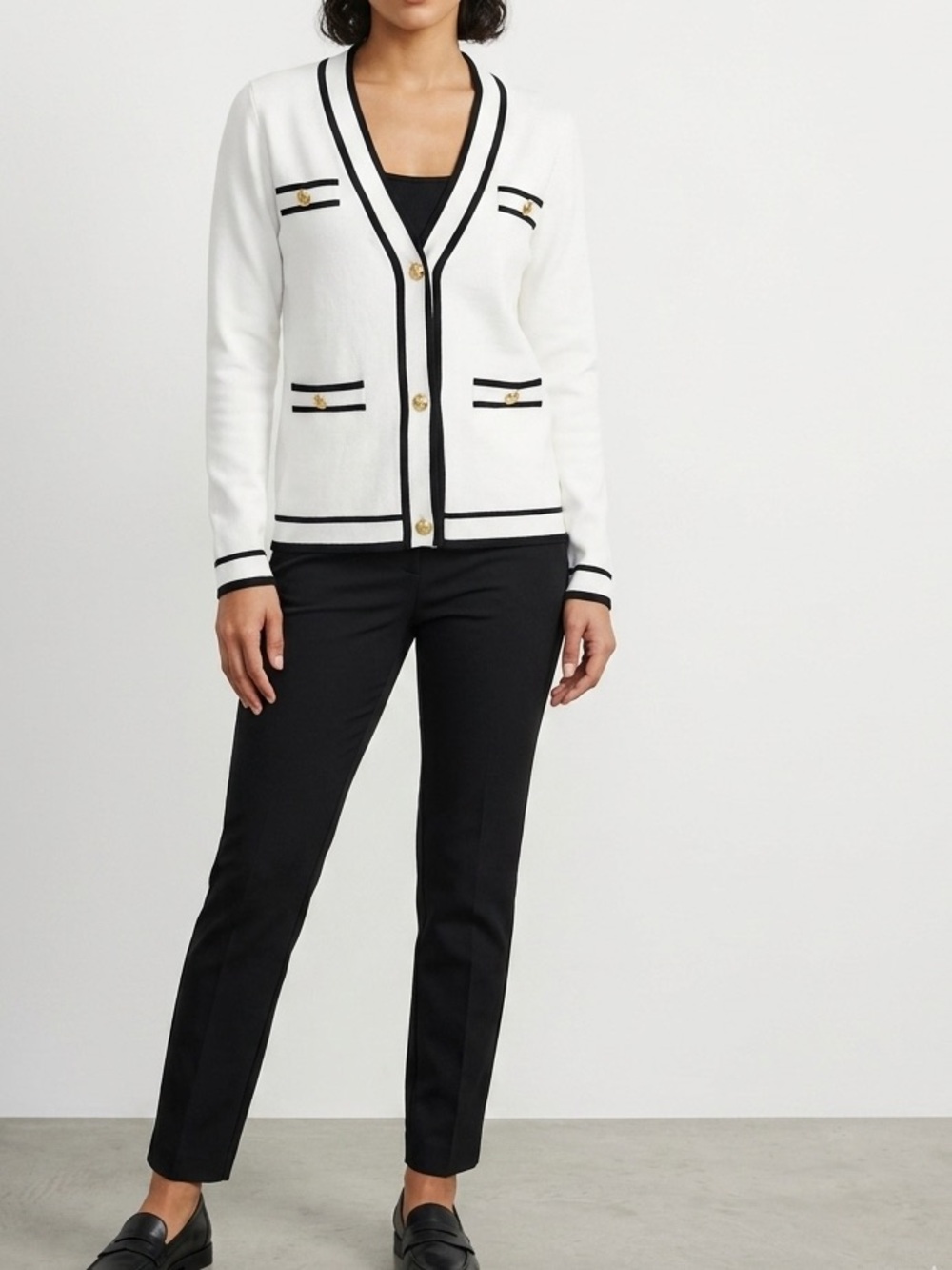 Mango Cream Cardigan with Black Trim and Gold Buttons